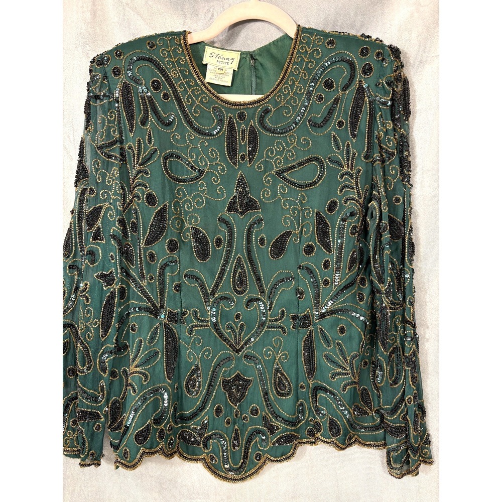 Vtg STENAY Womens Teal‎ Green Beaded Sequins Silk Top  sz PM Classy Bling Money